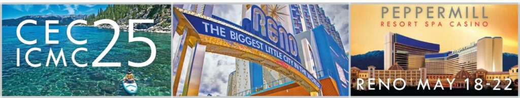 Danaher Cryogenics 2 A composite image featuring three sections: on the left, a person paddleboarding on a clear lake with mountains in the background and text "cec 25 icmc"; in the center, the reno arch with the text "the biggest little city in the world"; on the right, the peppermill resort spa casino building with mountains and text "reno may 18-22".