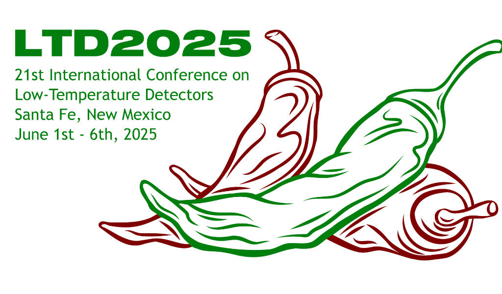 A graphic for ltd2025, the 21st international conference on low-temperature detectors, held in santa fe, new mexico, from june 1st to 6th, 2025. The background is black, with "ltd2025" in bold green at the top left. Below, in white text, are the event details: "21st international conference on low-temperature detectors, santa fe, new mexico, june 1st - 6th, 2025. " on the right, an illustration of two chili peppers, one green and one red, overlaps in a stylized design.