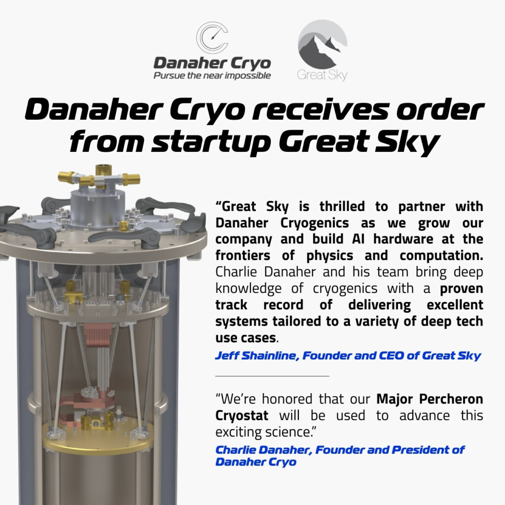Promotional image for danaher cryo, featuring a detailed 3d model of a cryogenic system with intricate components, including pipes, valves, and a central cooling unit. The text announces that danaher cryo has received an order from startup great sky. Quotes highlight the partnership: jeff shainline, founder and ceo of great sky, expresses excitement about collaborating with danaher cryogenics to build ai hardware at the frontiers of physics and computation, praising charlie danaher's team's expertise in delivering tailored cryogenic systems. Charlie danaher, founder and president of danaher cryo, is honored that their major percheron cryostat will advance exciting science. Logos for danaher cryo and great sky are included at the top.